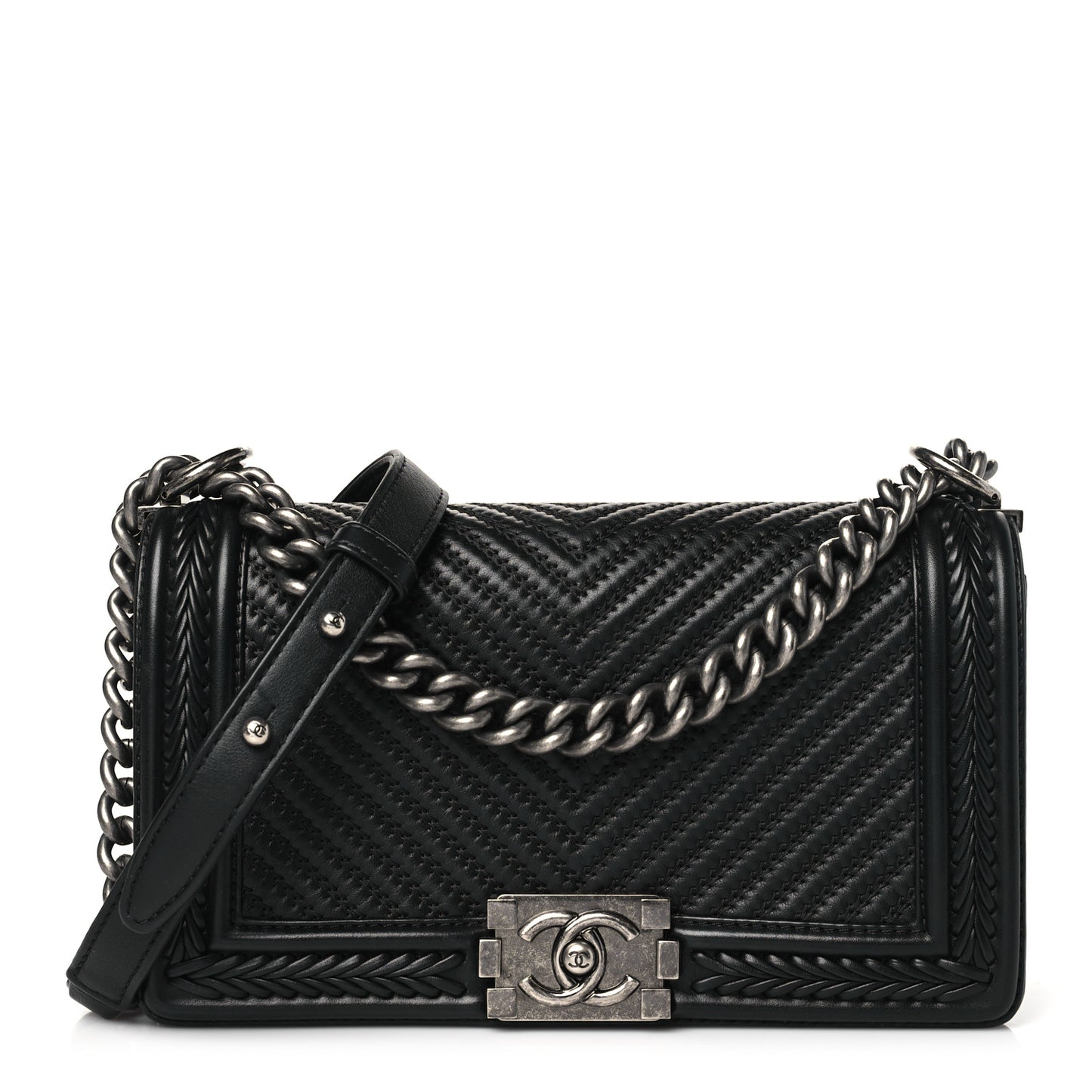 Calfskin Chevron Quilted Medium Braided Boy Flap Black