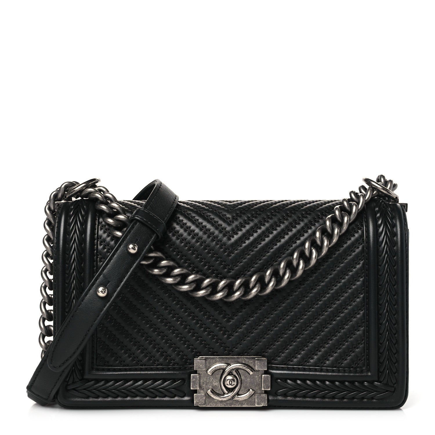 Chanel Calfskin Chevron Quilted Medium Braided Boy Flap Black 1 of 10