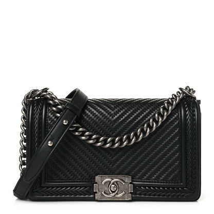 Chanel Calfskin Chevron Quilted Medium Braided Boy Flap Black 1 of 10
