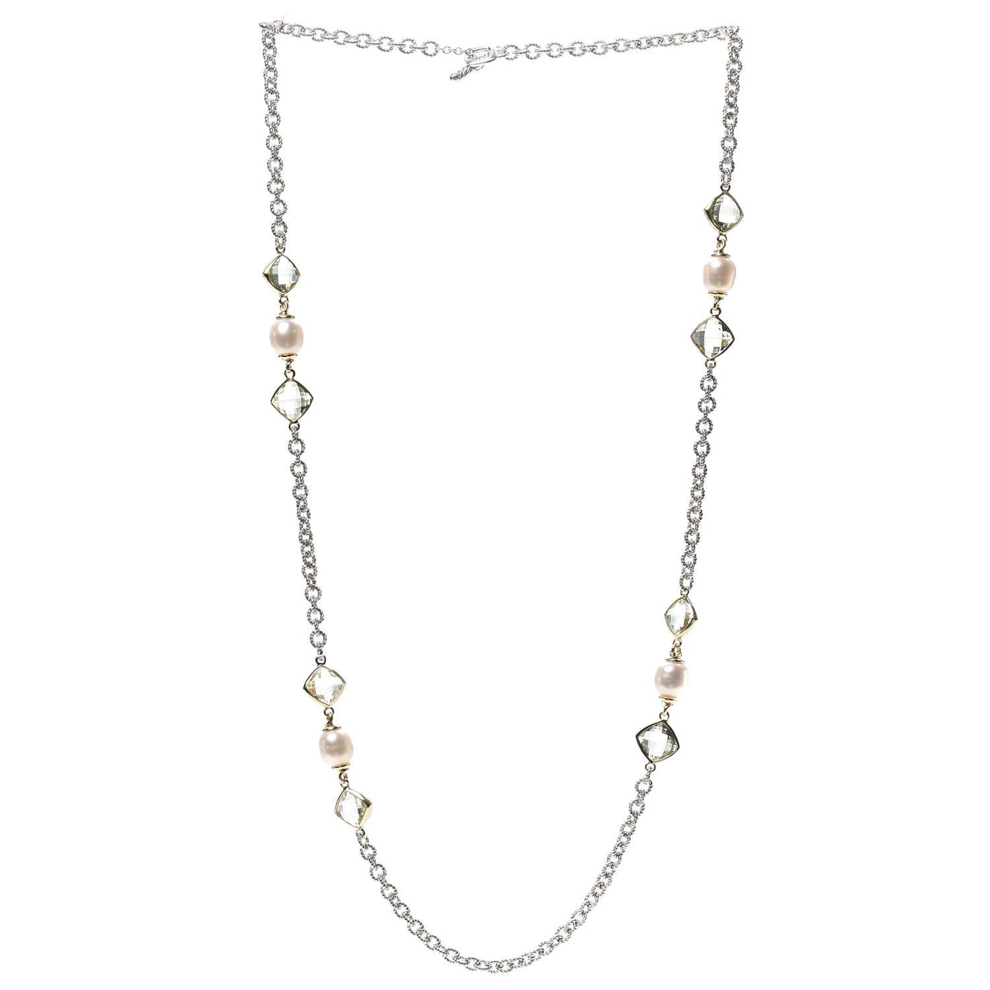 Sterling Silver 18K Yellow Gold Prasiolite Pearl Figaro Chain Necklace