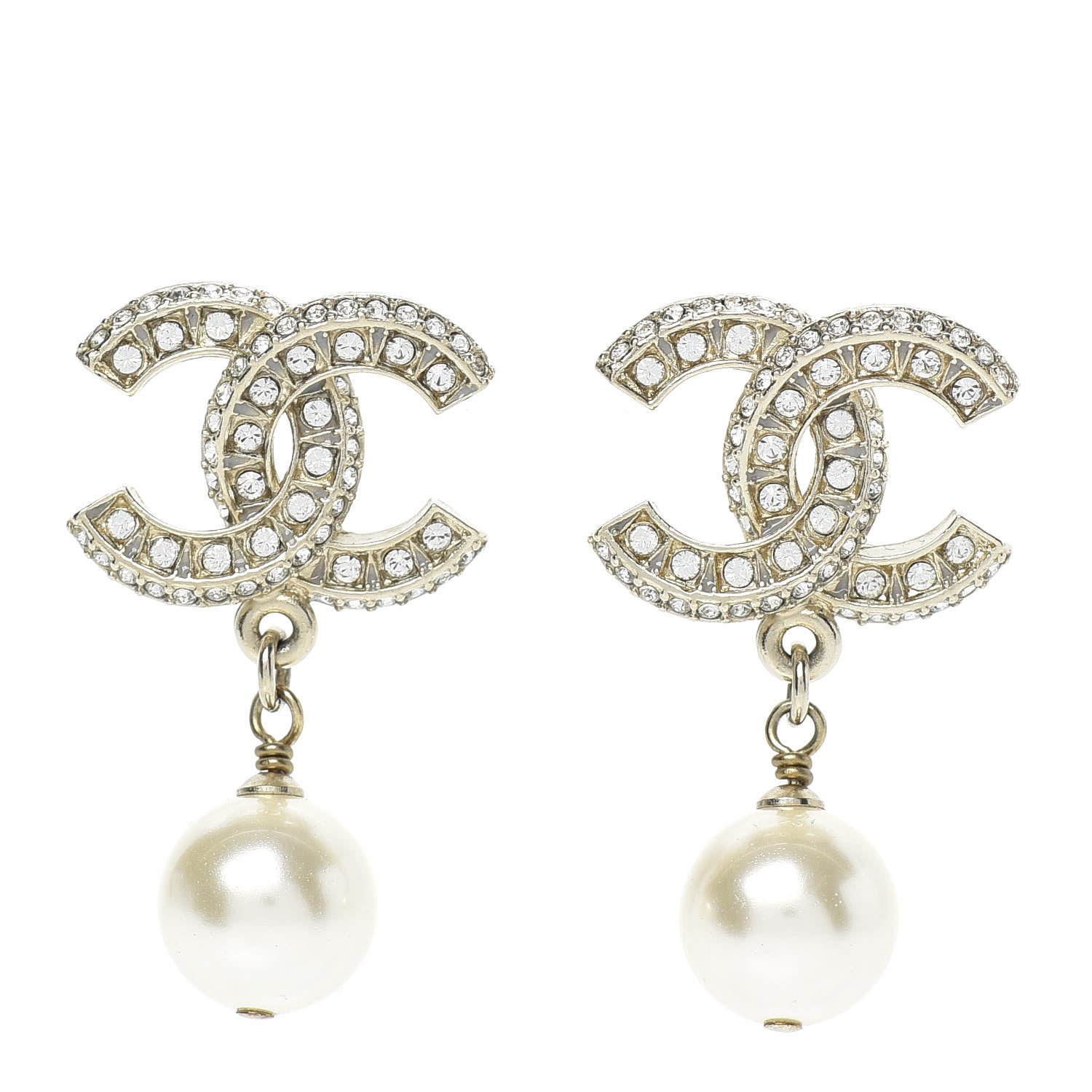 Chanel Crystal Pearl CC Drop Earrings Gold 1 of 5