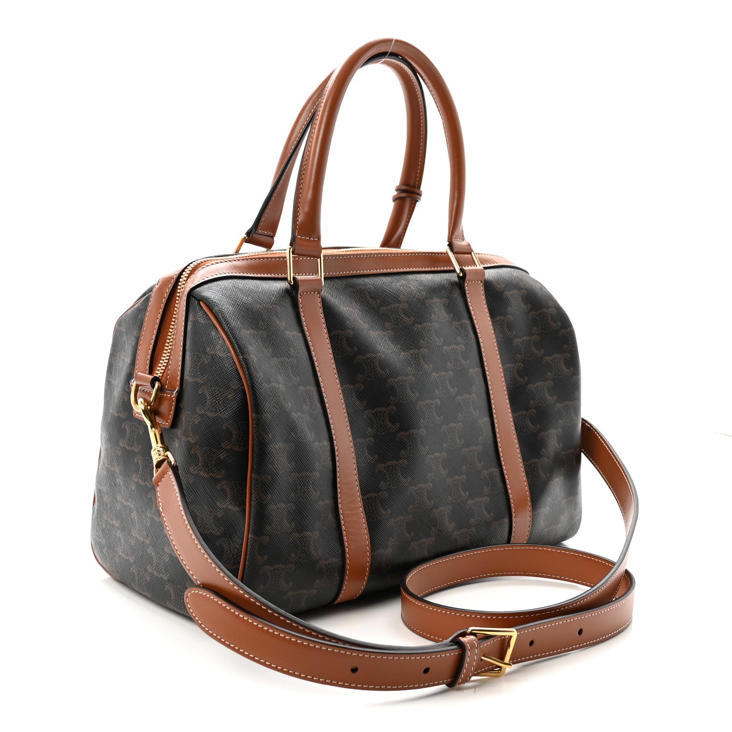 Celine Triomphe Canvas Calfskin Boston Bag Tan 3 of 10