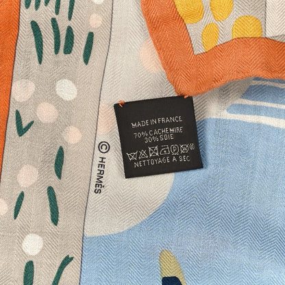 Hermes Cashmere Silk Le Livre D'Esope Shawl 140 Orange Vert Bleu Ciel 3 of 3
