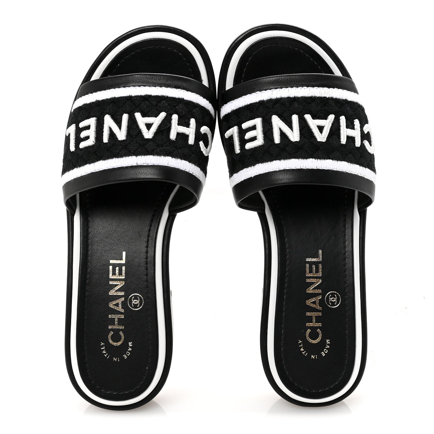 Lambskin Embroidered CC Mule Sandal 35 Black White