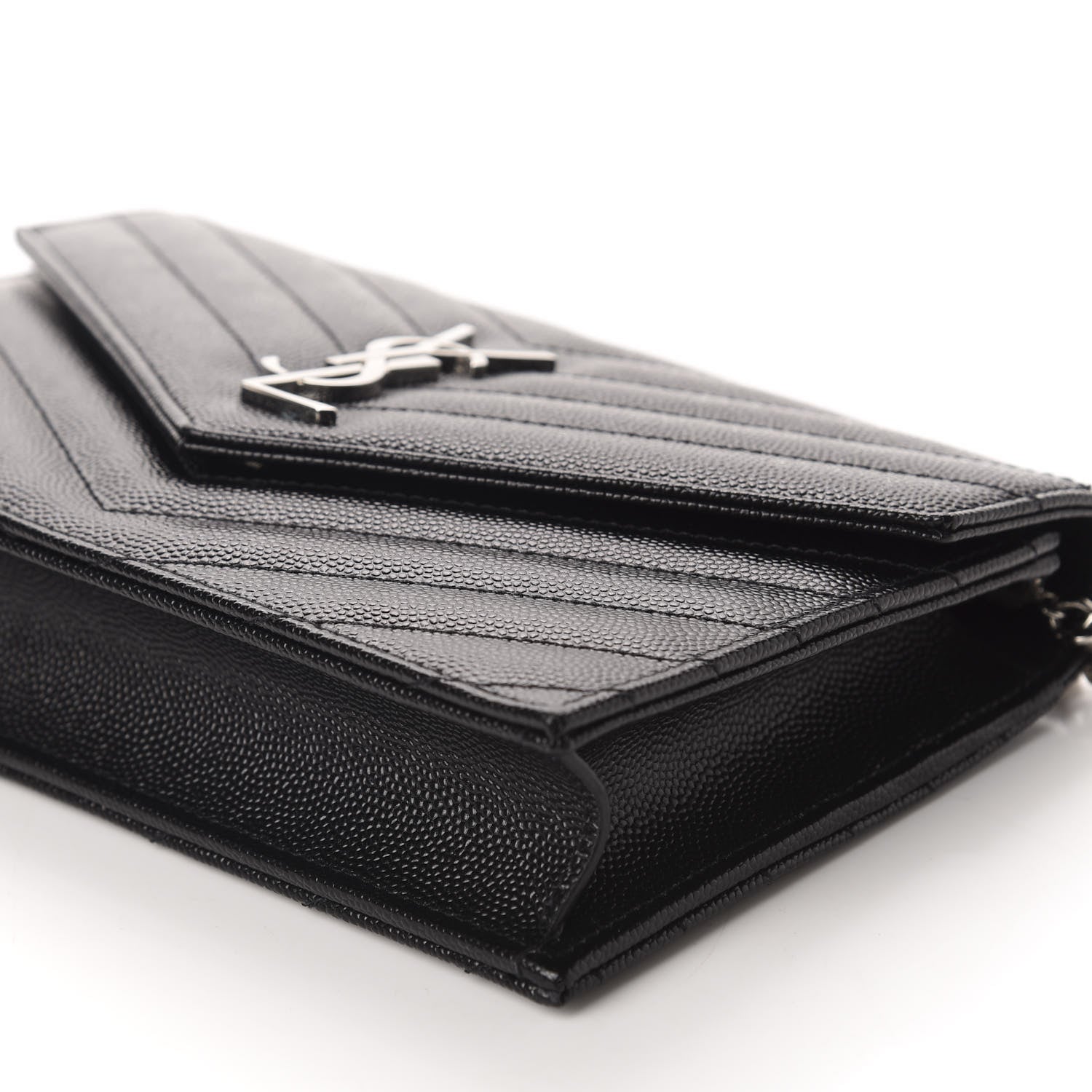 Saint Laurent Grain De Poudre Matelasse Chevron Monogram Envelope Chain Wallet Black 7 of 10