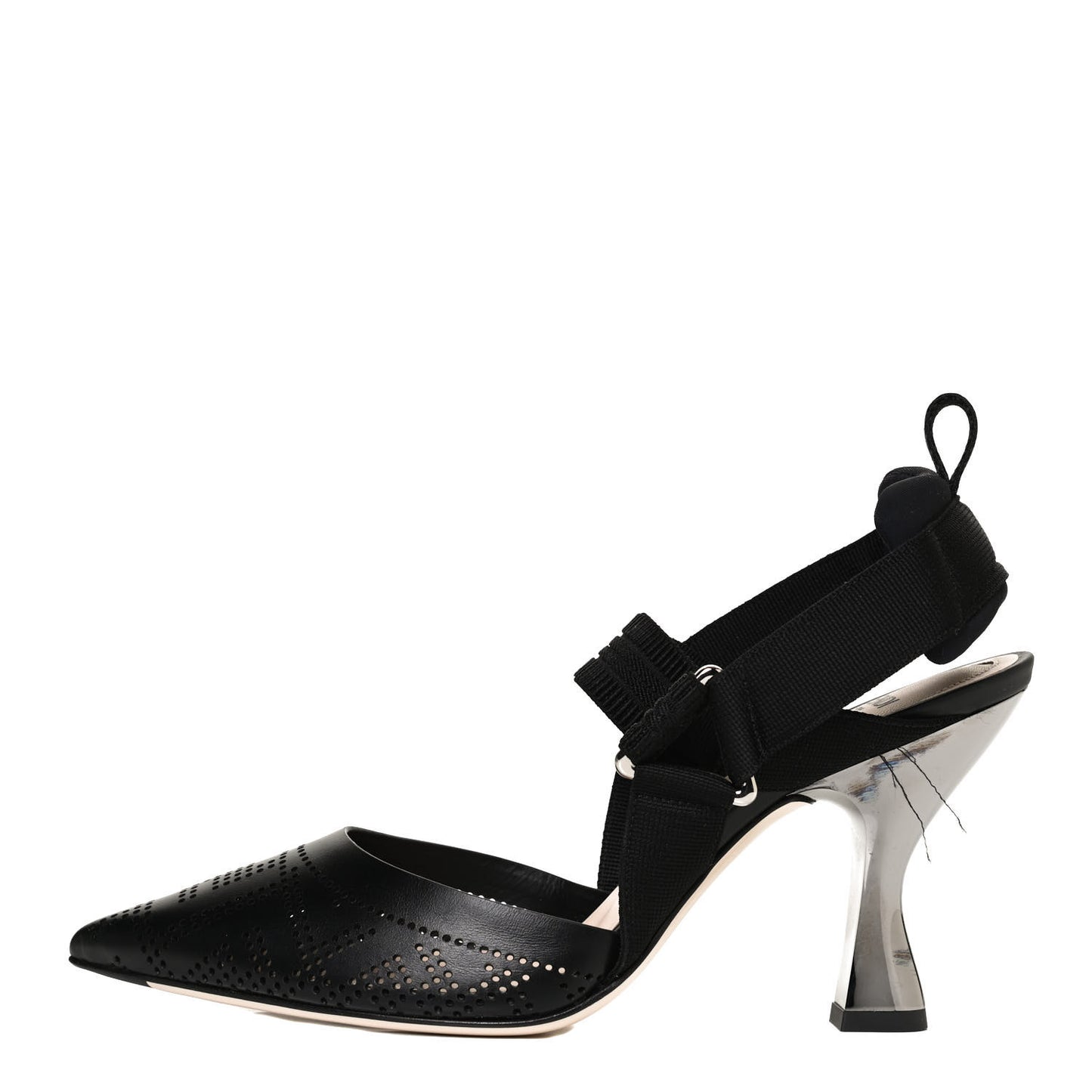FF Perforated Calfskin Slingback Mid-Heel Pumps 38 Black