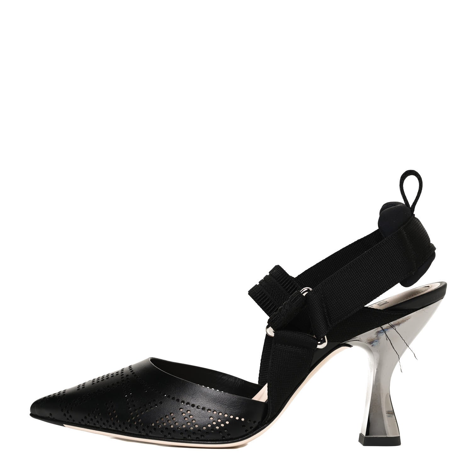 Fendi FF Perforated Calfskin Slingback Mid-Heel Pumps 38 Black 1 of 10