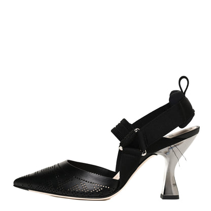 Fendi FF Perforated Calfskin Slingback Mid-Heel Pumps 38 Black 1 of 10
