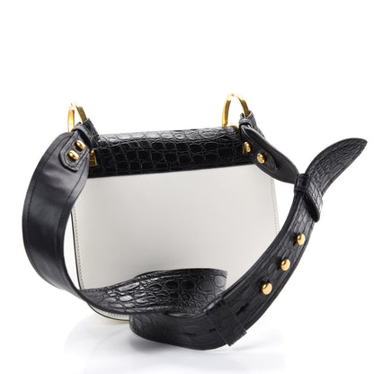 Prada City Calf Crocodile Calfskin Embossed Pionniere Saddle Bag Black White 3 of 10