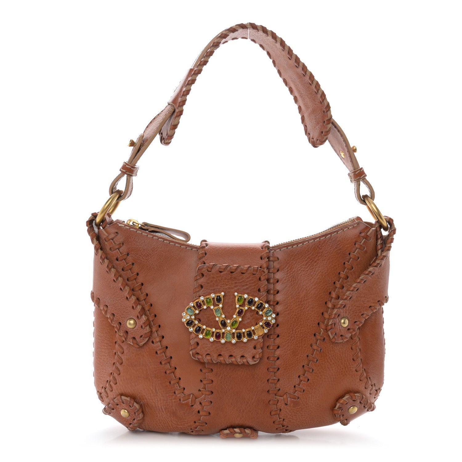 Valentino Garavani Calfskin Stitched Beaded Crystal Logo Catch Shoulder Bag Brown 1 of 16