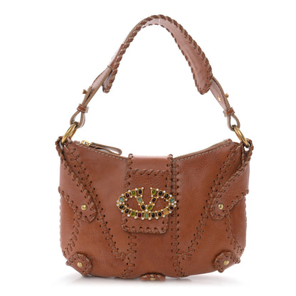 Valentino Garavani Calfskin Stitched Beaded Crystal Logo Catch Shoulder Bag Brown 1 of 16
