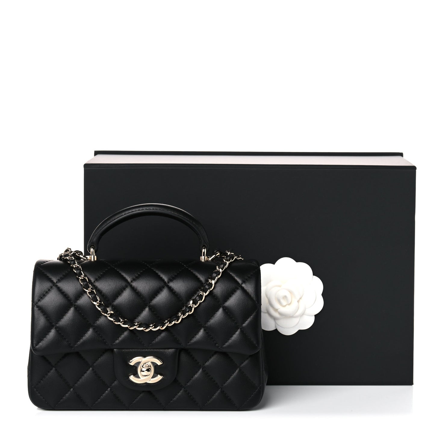 Lambskin Quilted Mini Top Handle Rectangular Flap Black