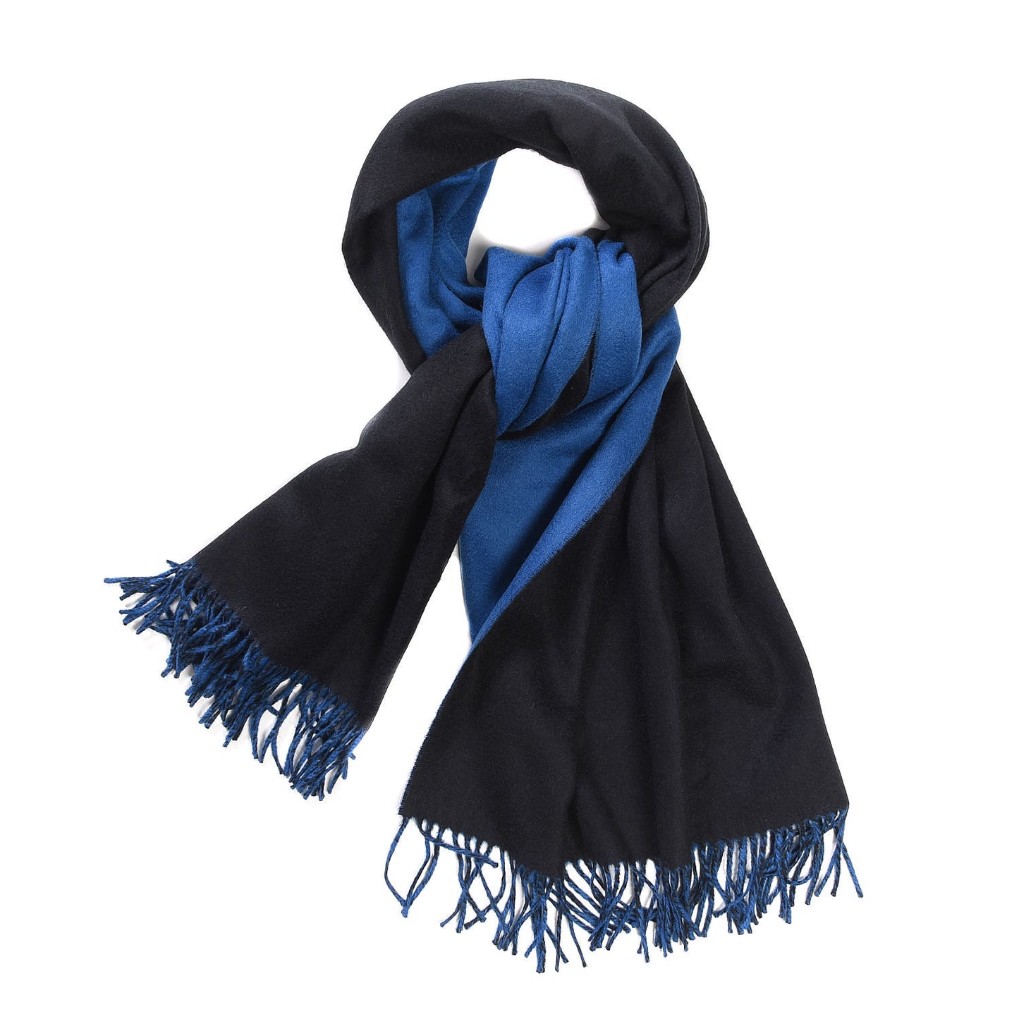 Cashmere Fringe Double Face Stole Black Bleu Saphir
