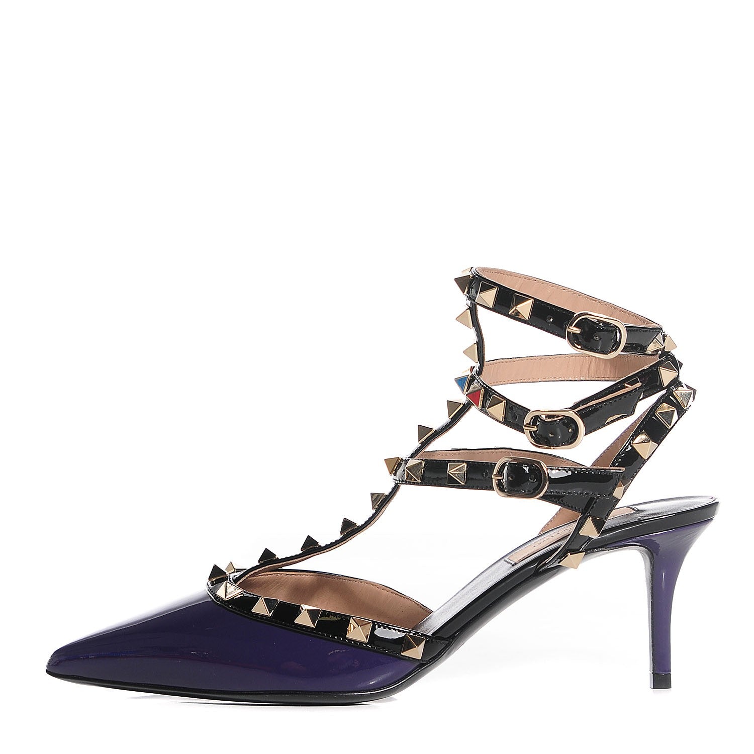 Valentino Garavani Patent Rockstud Ankle Strap Low Heel Pumps 38 Purple Black 1 of 6
