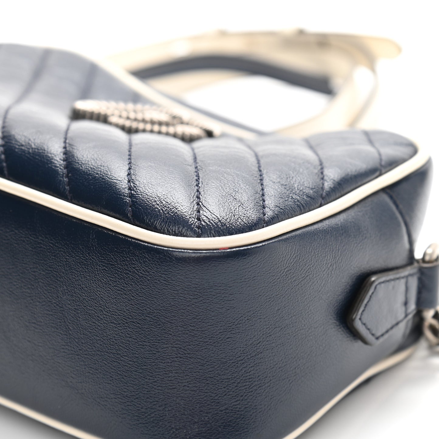 Vintage Effect Calfskin Matelasse Diagonal Small Torchon GG Marmont Chain Shoulder Bag Blue Agata Mystic White