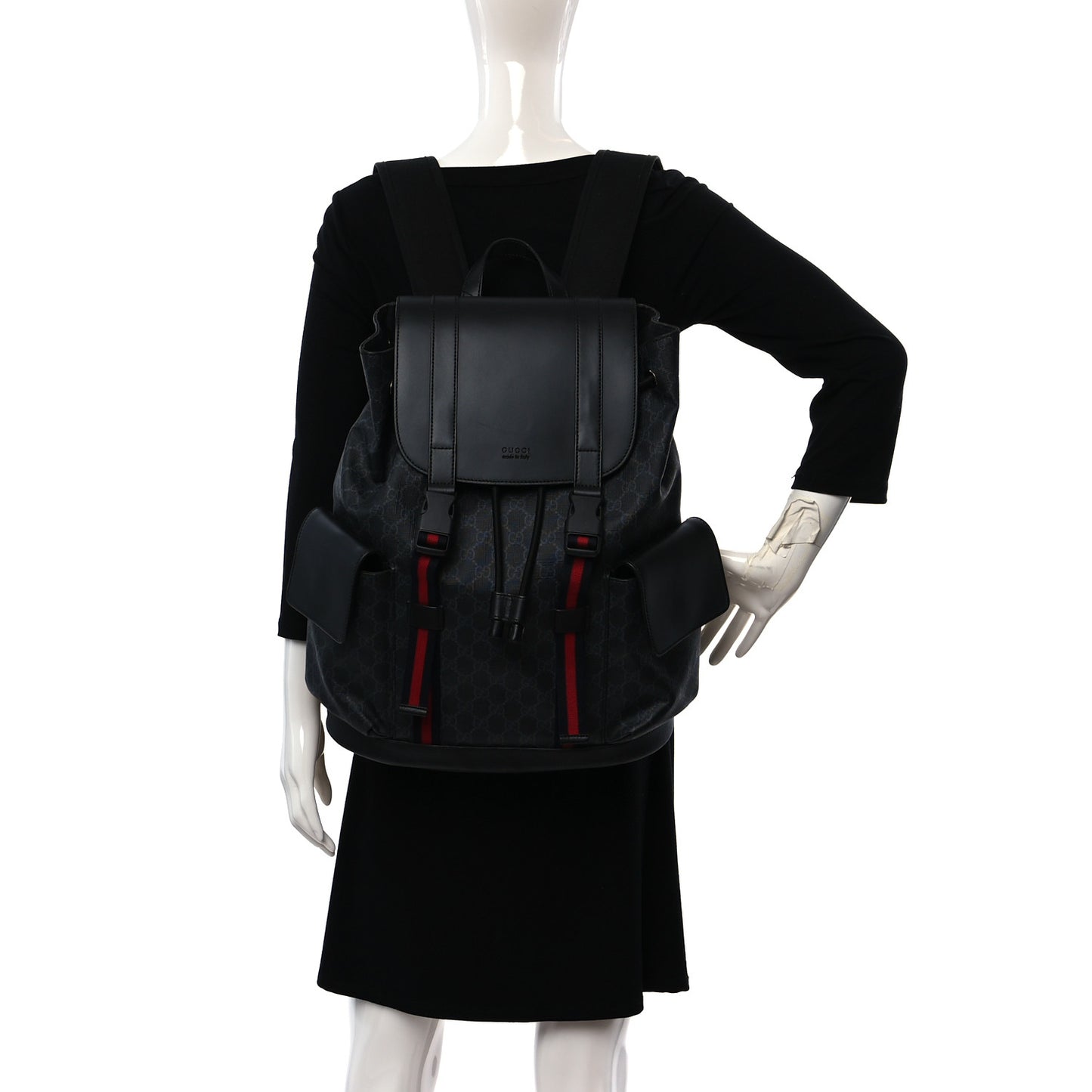 Soft GG Supreme Monogram Appia Calfskin Web Double Buckle Backpack Black