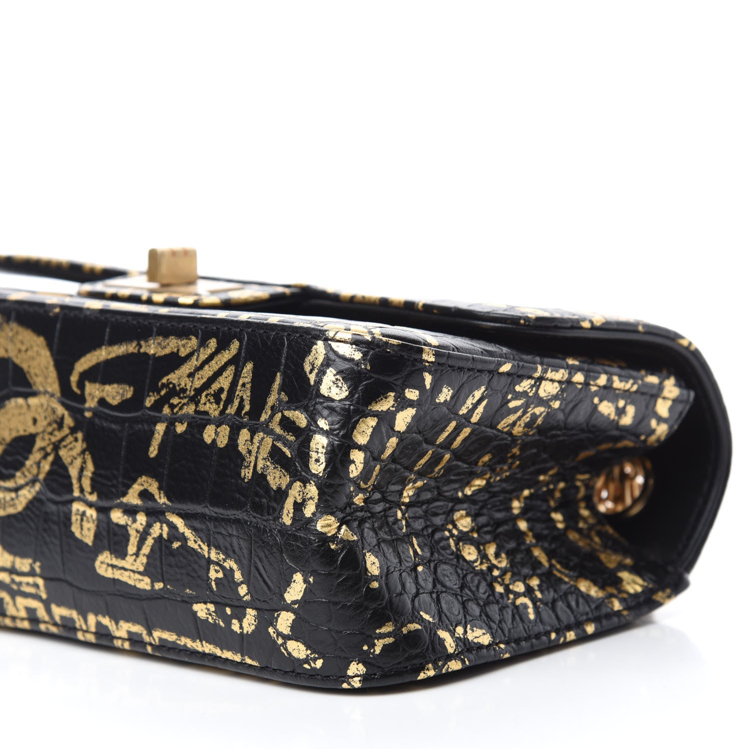 Chanel Calfskin Crocodile Embossed Graffiti 2.55 Mini Cocodile Reissue Flap Black Gold 7 of 11