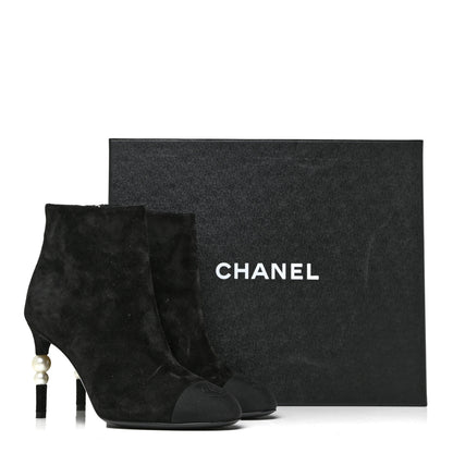 Chanel Suede Grosgrain Pearl Ankle Boots 35.5 Black 25 of 25