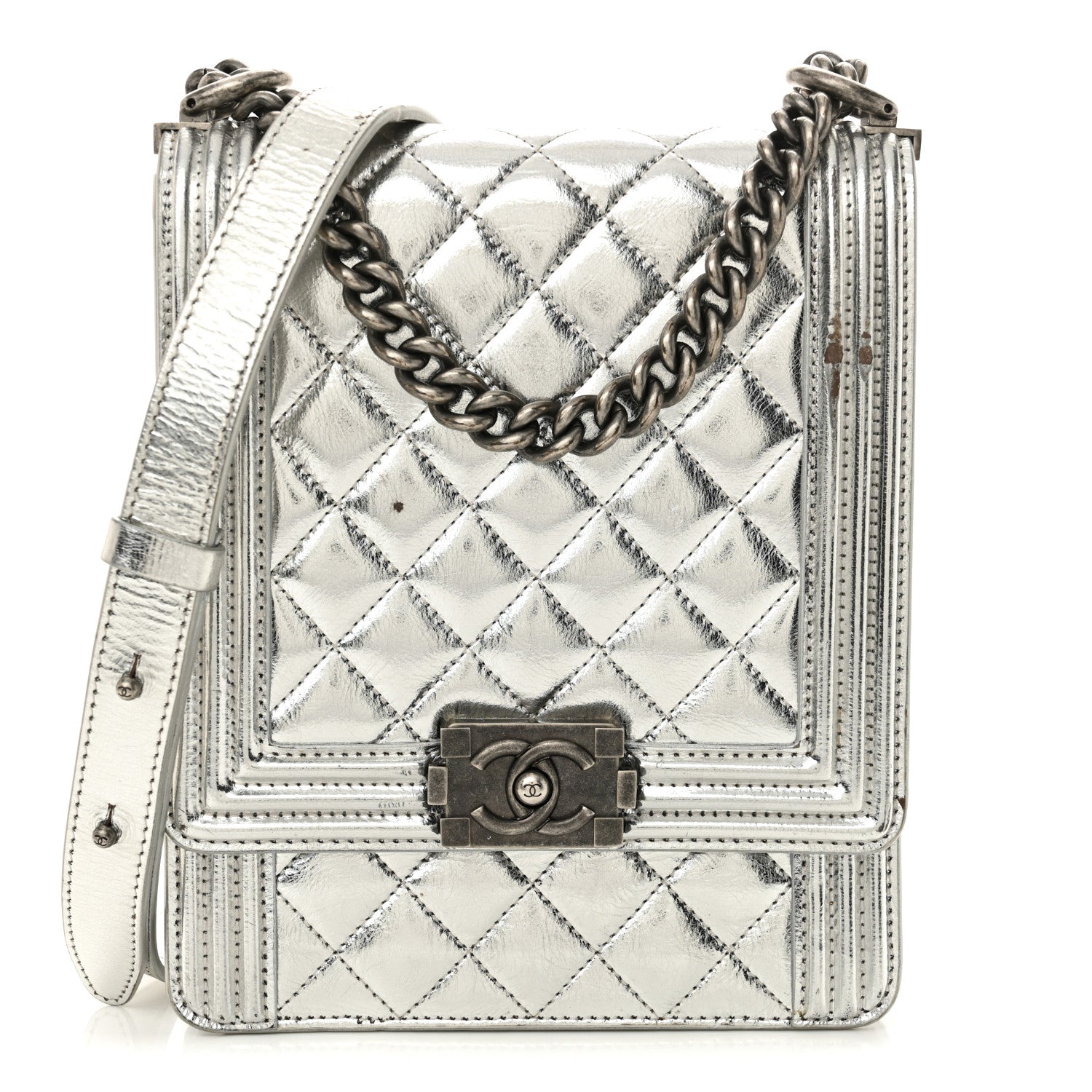 Chanel Metallic Goatskin Quilted North South Boy Flap Silver 1 of 16