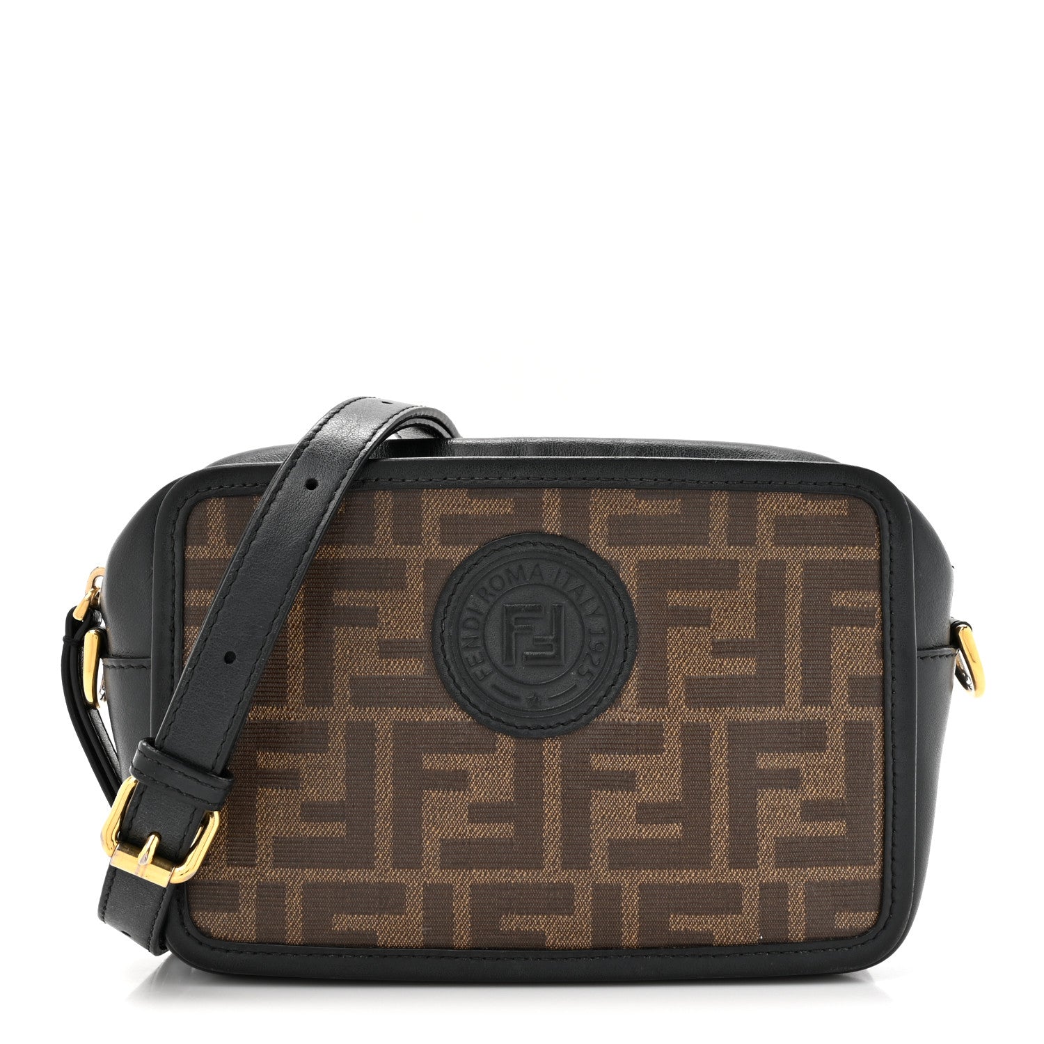 Fendi Glazed Fabric Vitello Century FF 1974 Stamp Patch Mini Camera Case Mogano Panna Black 1 of 13