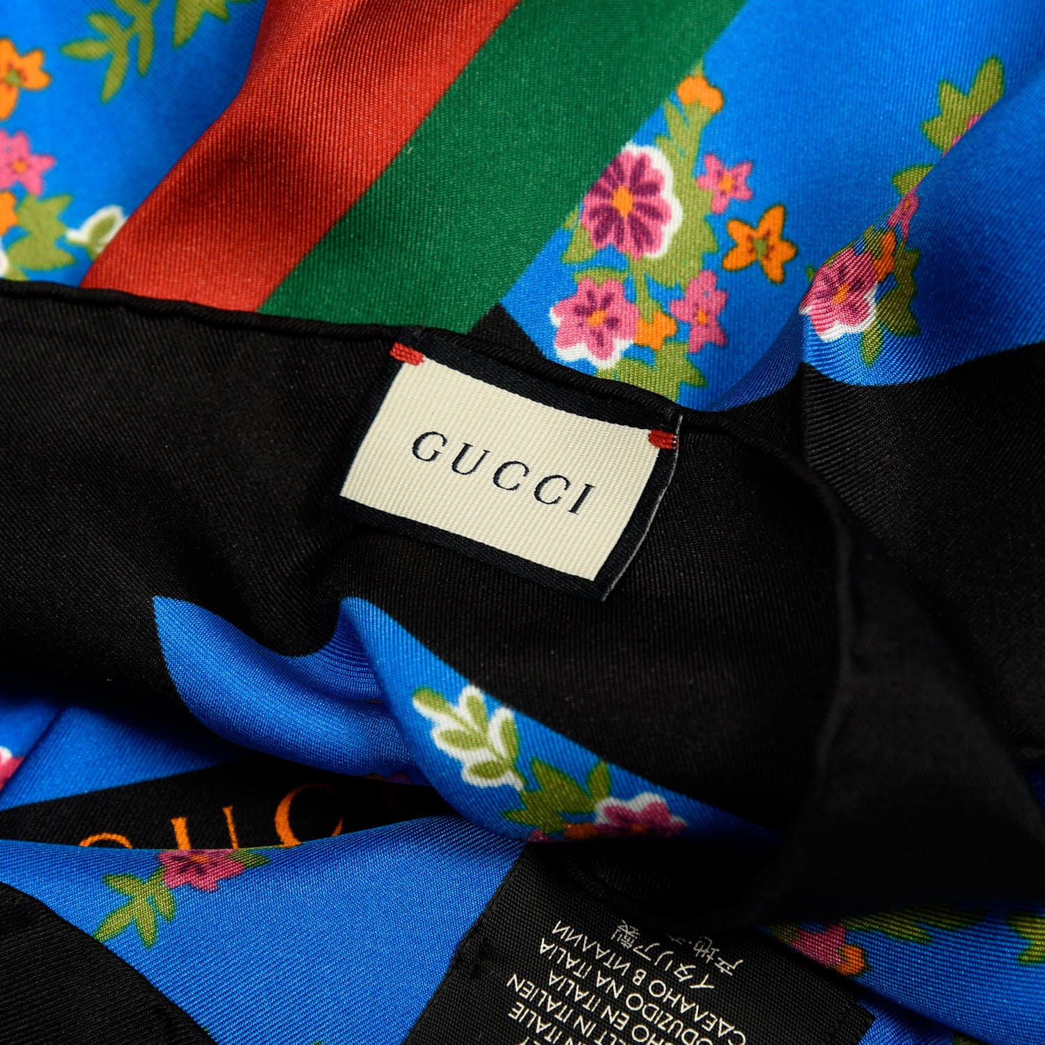 Gucci Silk Floral Print Web Square Scarf Black Blue 3 of 4