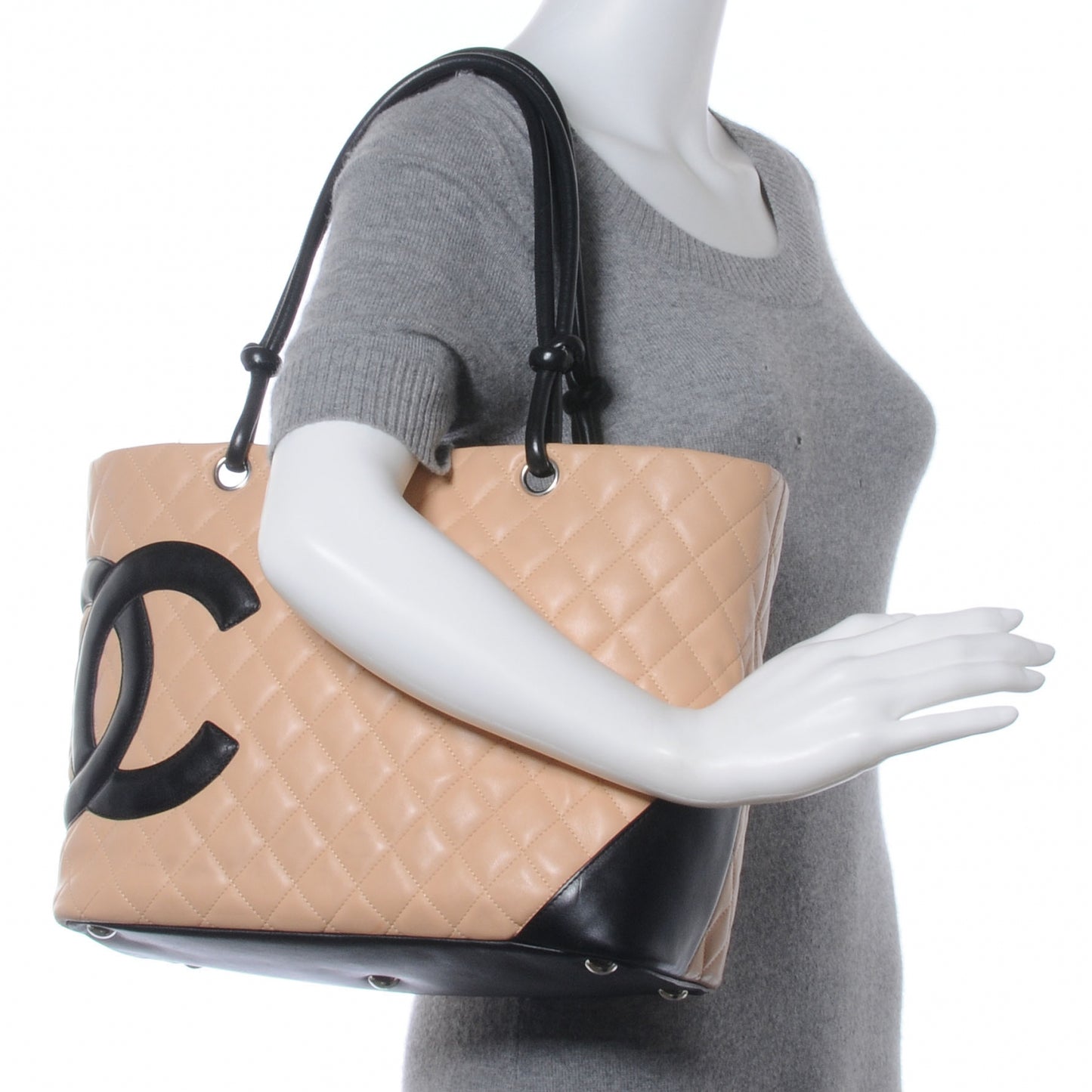 Calfskin Quilted Large Cambon Tote Beige Black