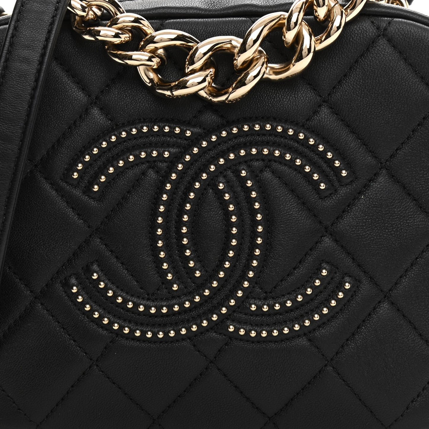 Lambskin Quilted Studded Quilted Vanity Case With Chain Black