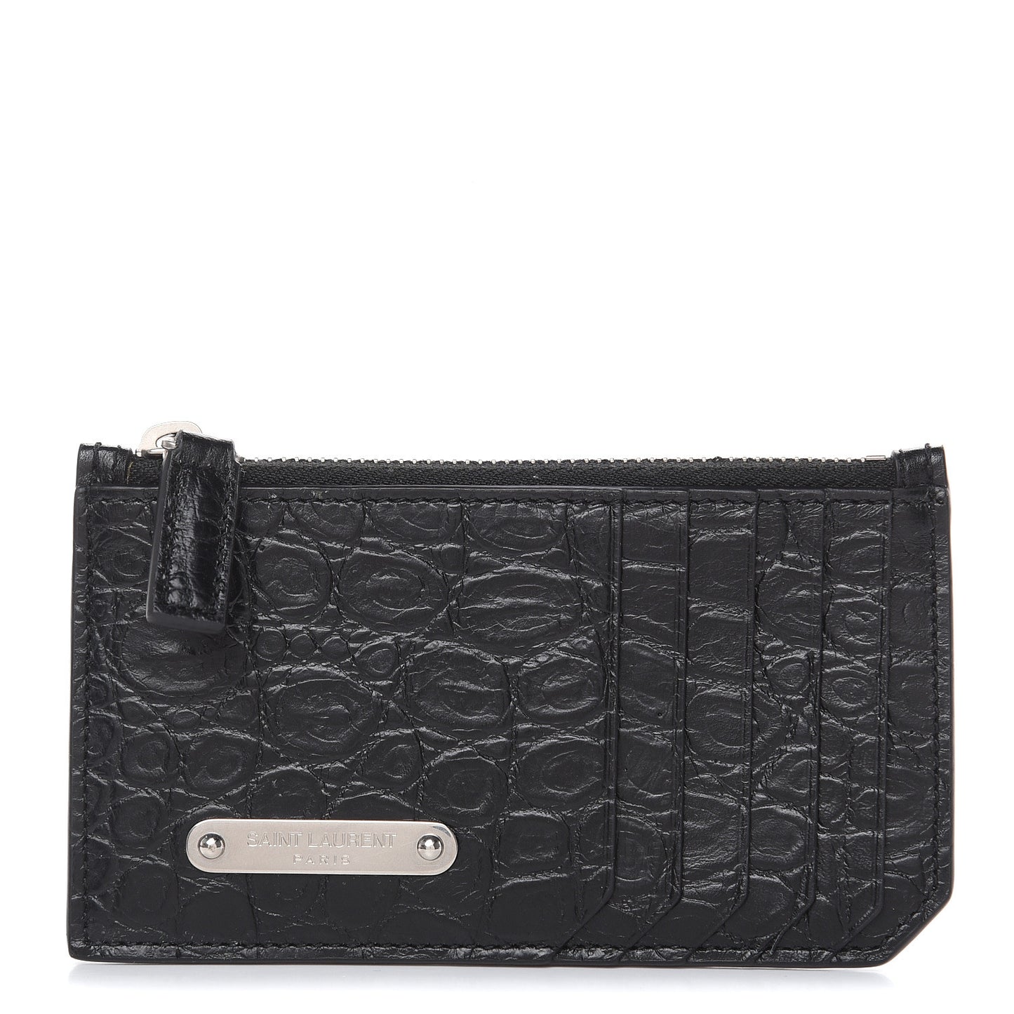 Calfskin Crocodile Embossed 5 Fragments Zip Pouch Card Holder Black