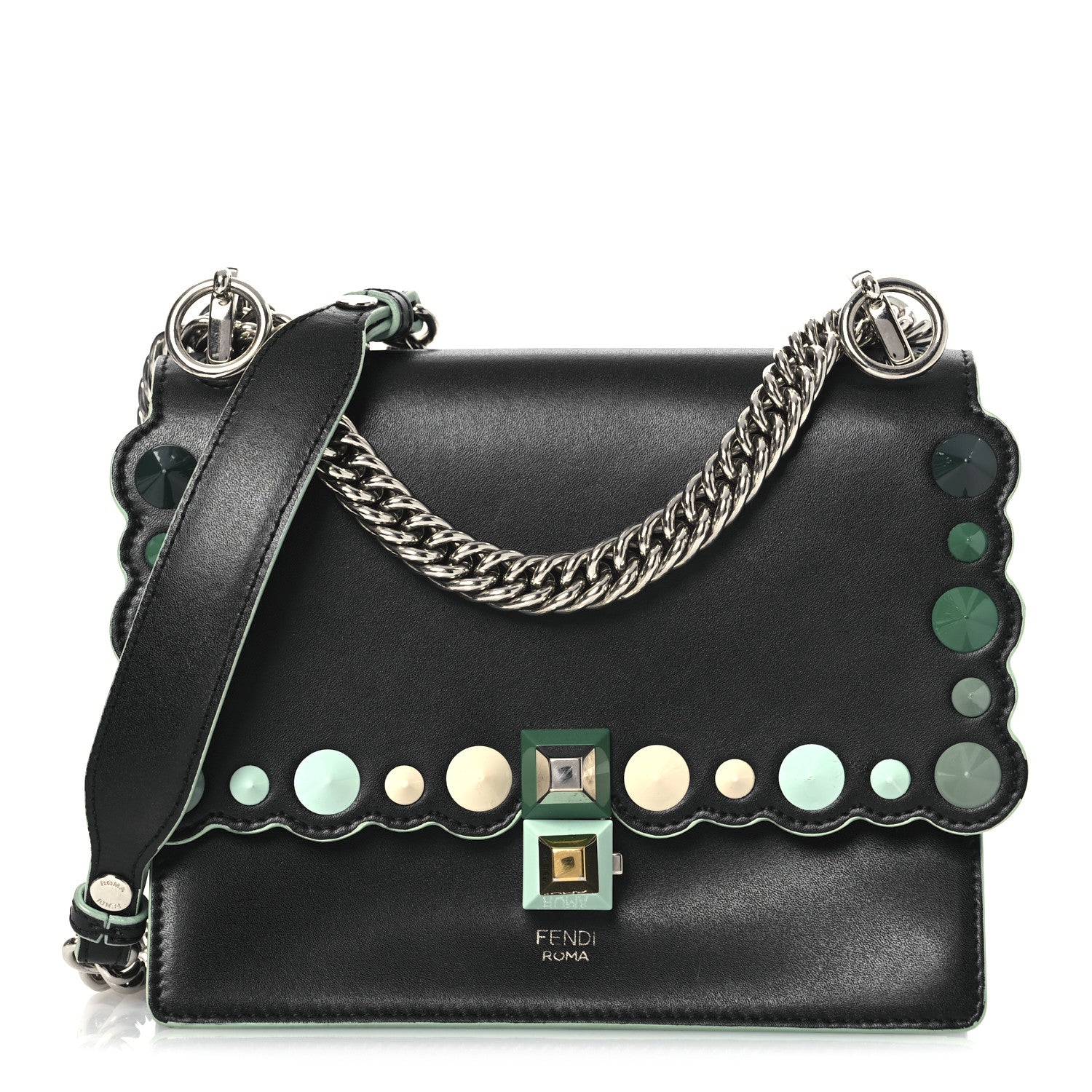 Fendi Vitello Liberty Scalloped Studded Small Kan I Shoulder Bag Black Multicolor 1 of 12