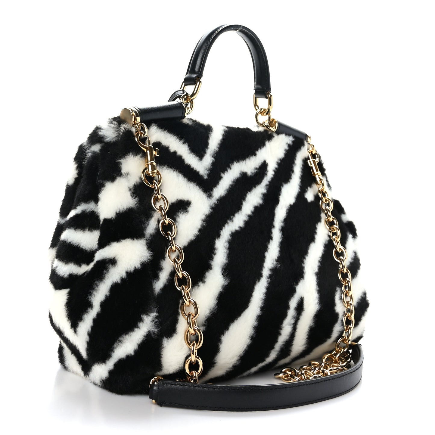Faux Fur Zebra Print Miss Sicily Satchel Black White