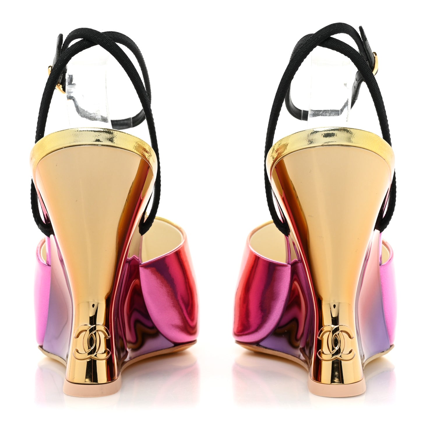 Laminated Calfskin Grosgrain Cap Toe CC Wedge Pumps 36.5 Pink Orange Yellow Black