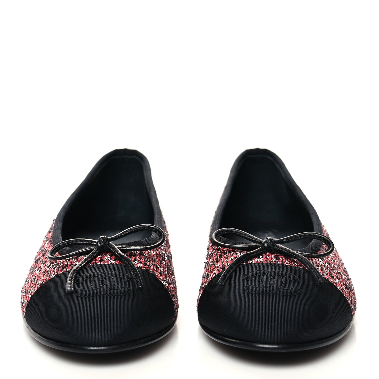 Tweed Grosgrain Sequin Cap Toe Ballerina Flats 38.5 Black Pink