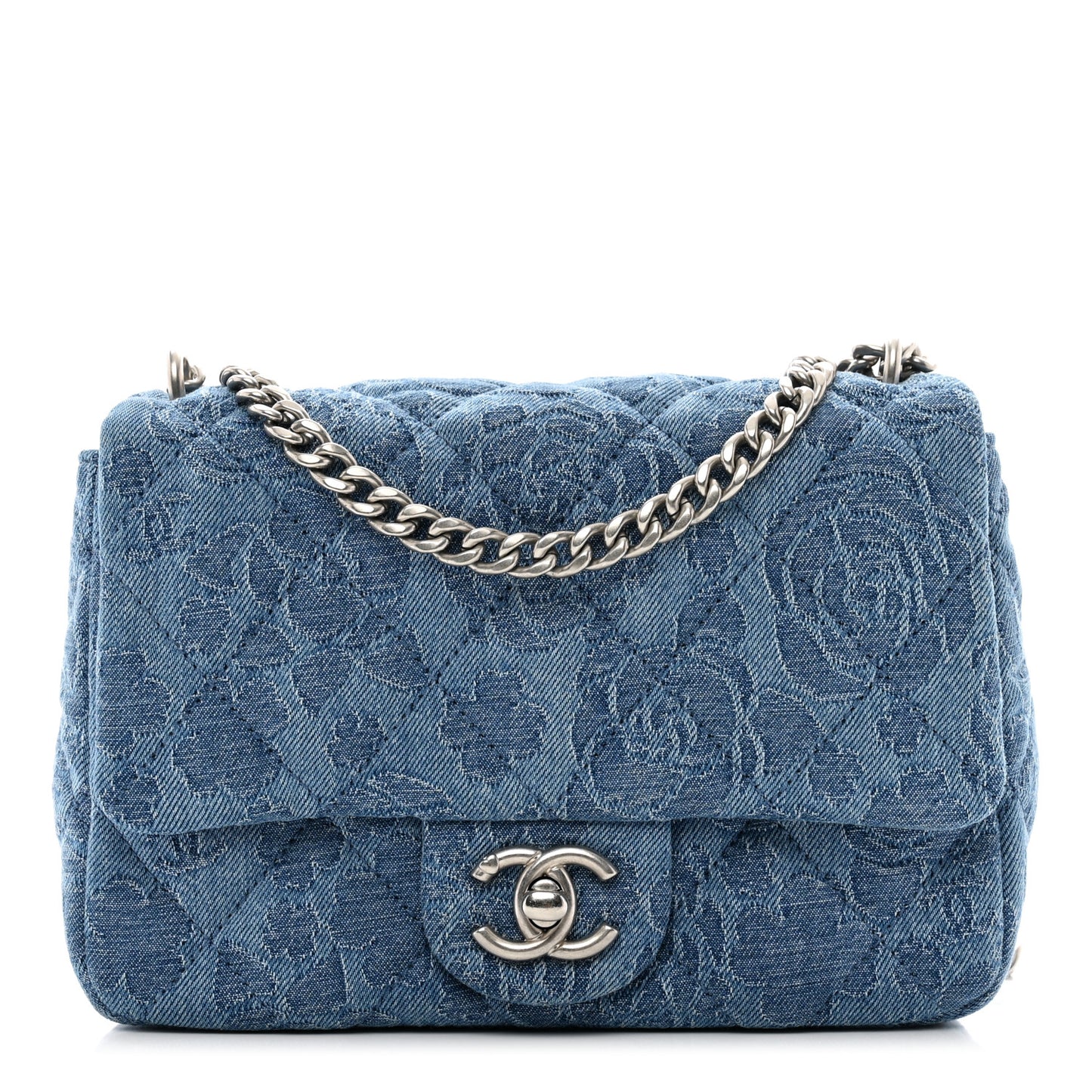 Denim Quilted Camellia Sweetheart Mini Flap Blue