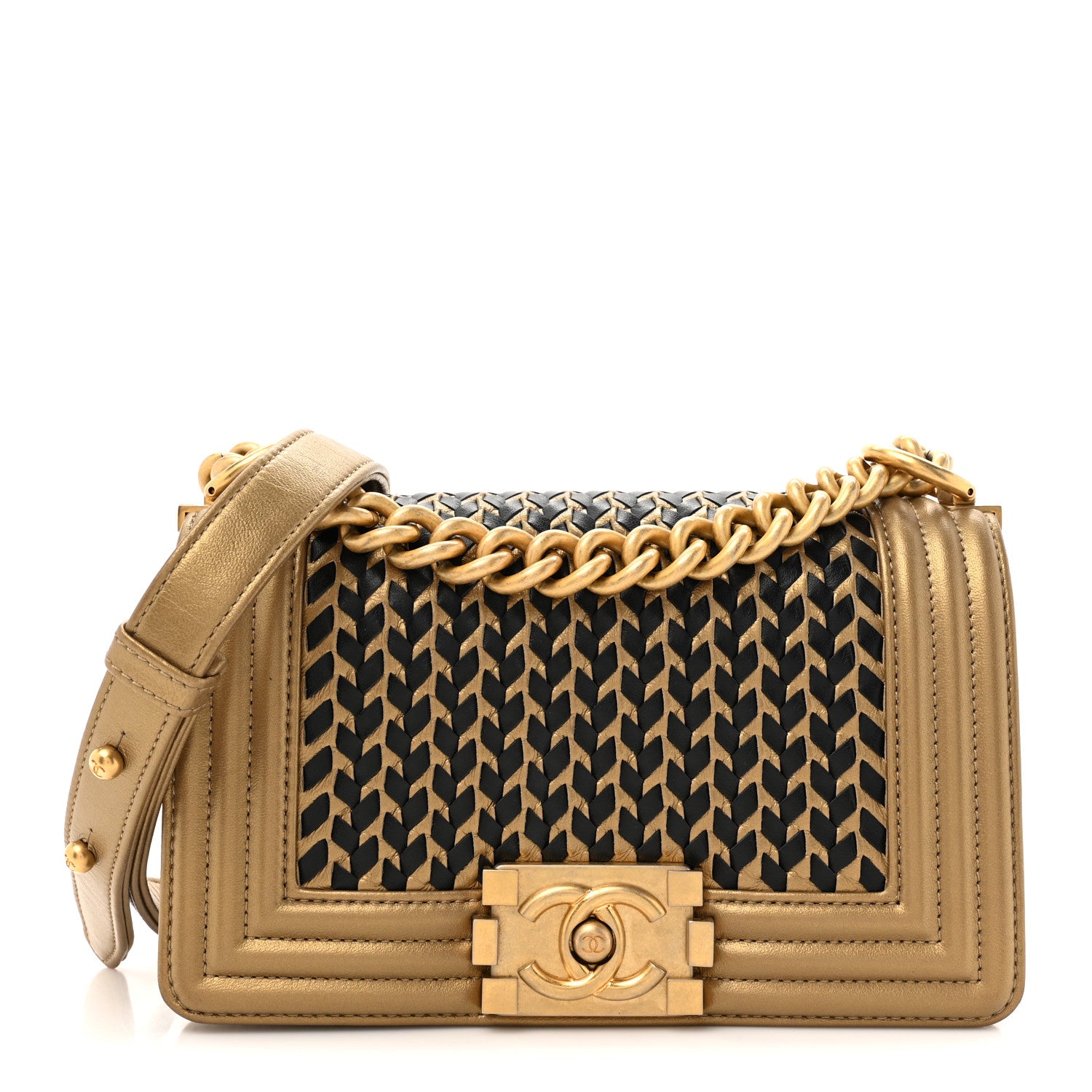 Chanel Metallic Lambskin Woven Small Boy Flap Black Gold 1 of 13