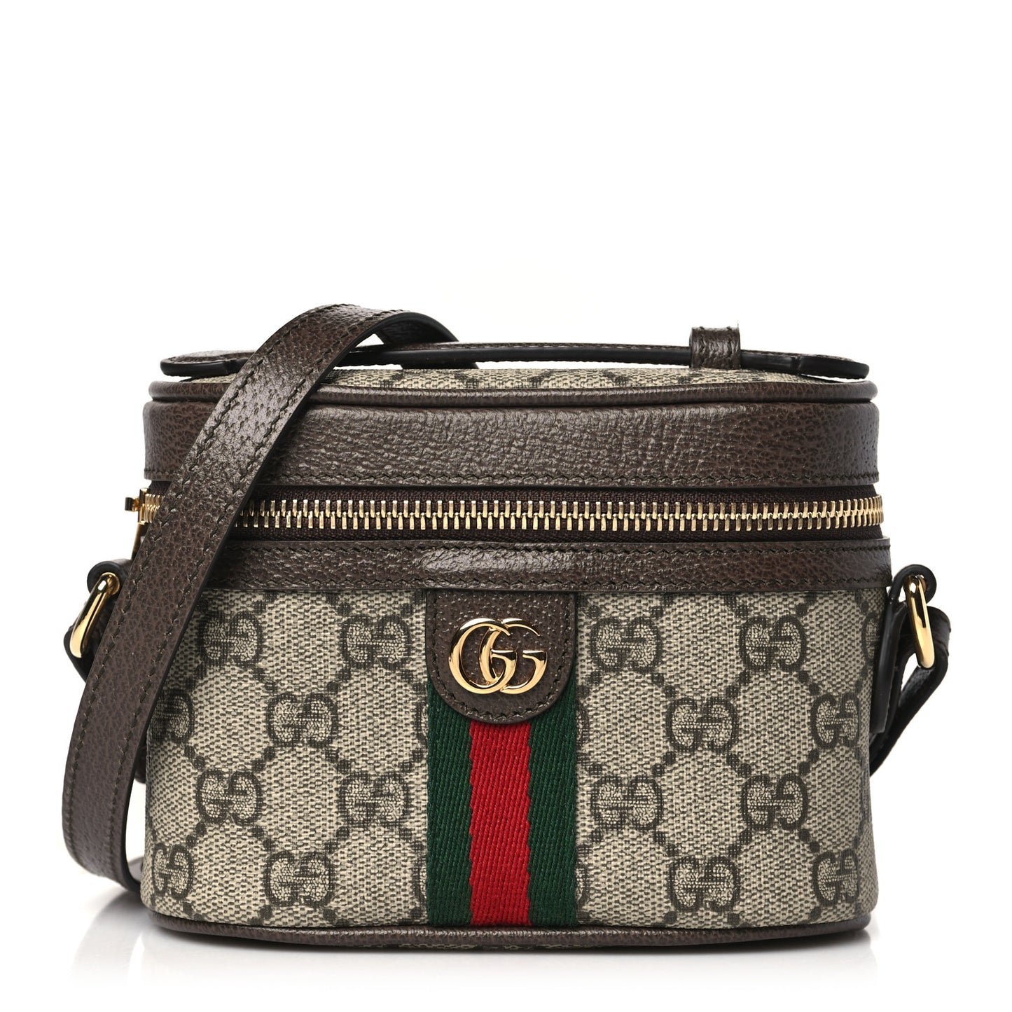 GG Supreme Monogram Textured Calfskin Web Mini Ophidia Top Handle Bag Beige Ebony New Acero