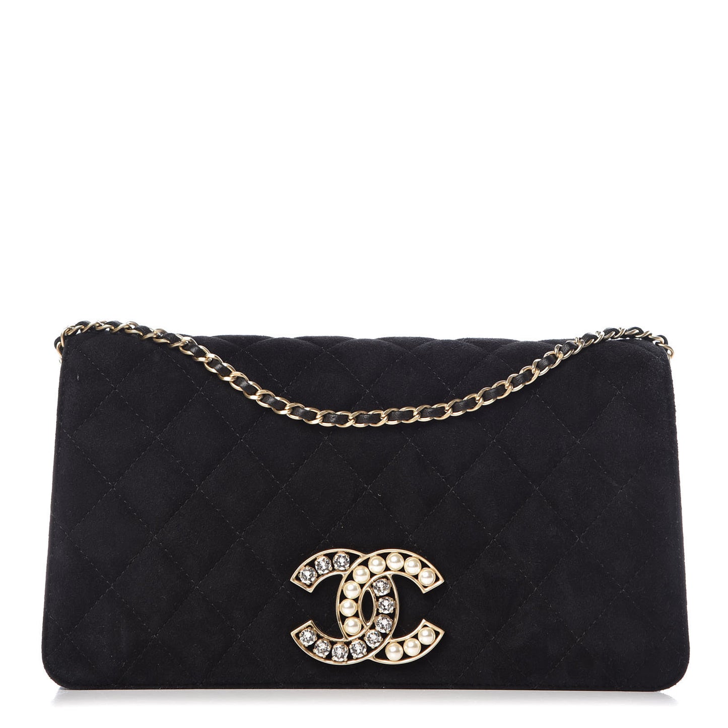 Suede Quilted Crystal Pearl CC Flap Black