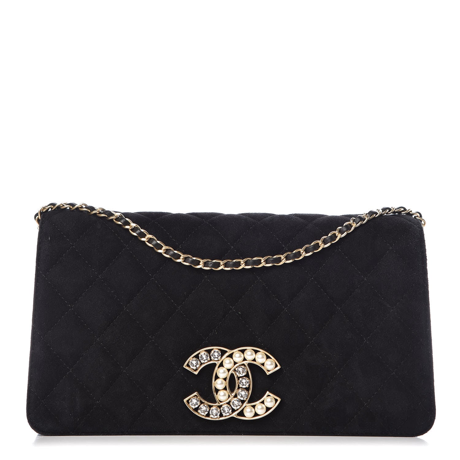 Chanel Suede Quilted Crystal Pearl CC Flap Black 1 of 10