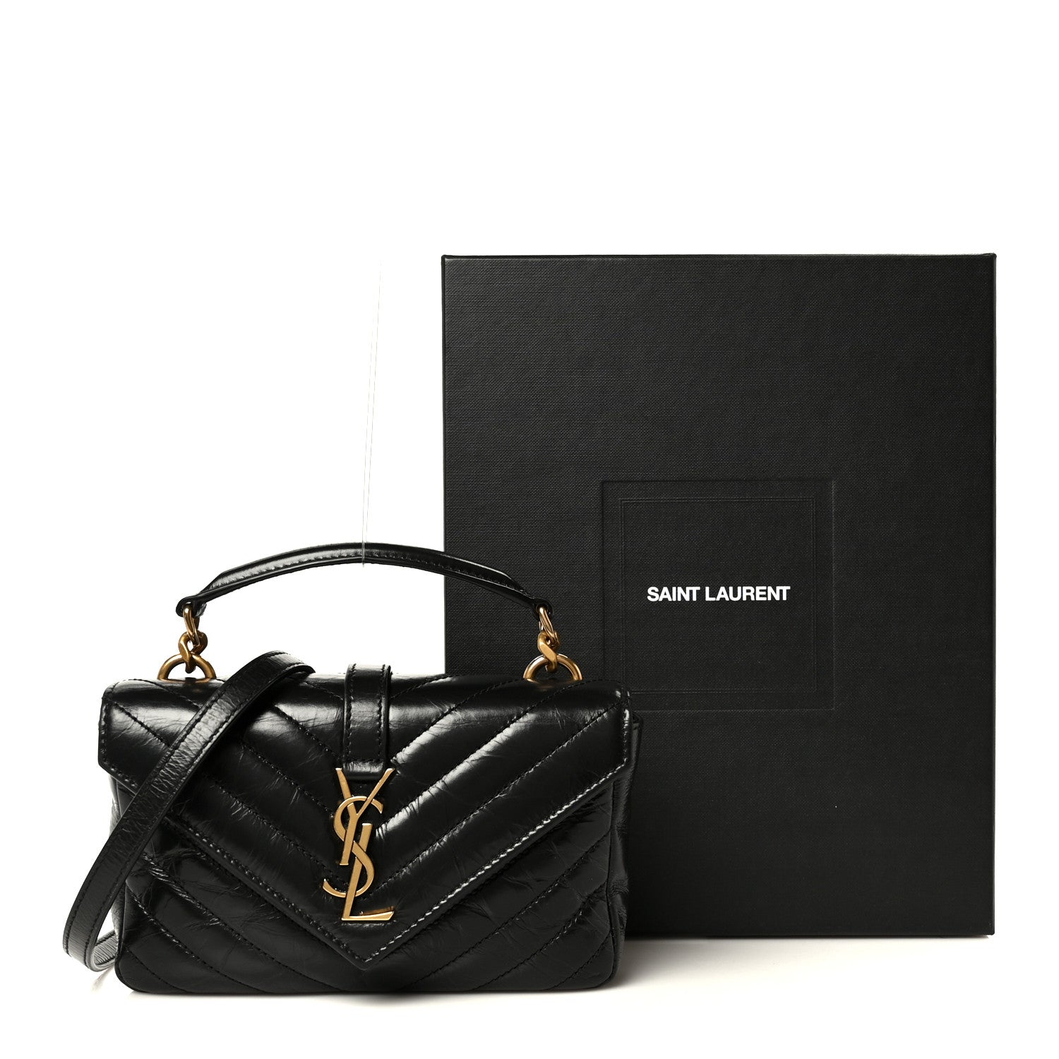 Saint Laurent Shiny Calfskin Matelasse Chevron Monogram Mini College Bag Black 11 of 11