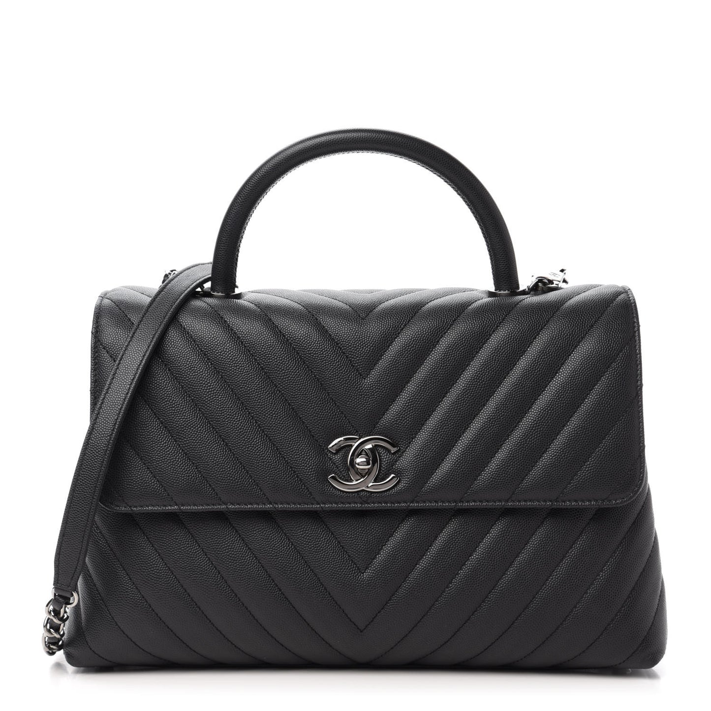 Caviar Chevron Quilted Medium Coco Handle Flap Dark Grey