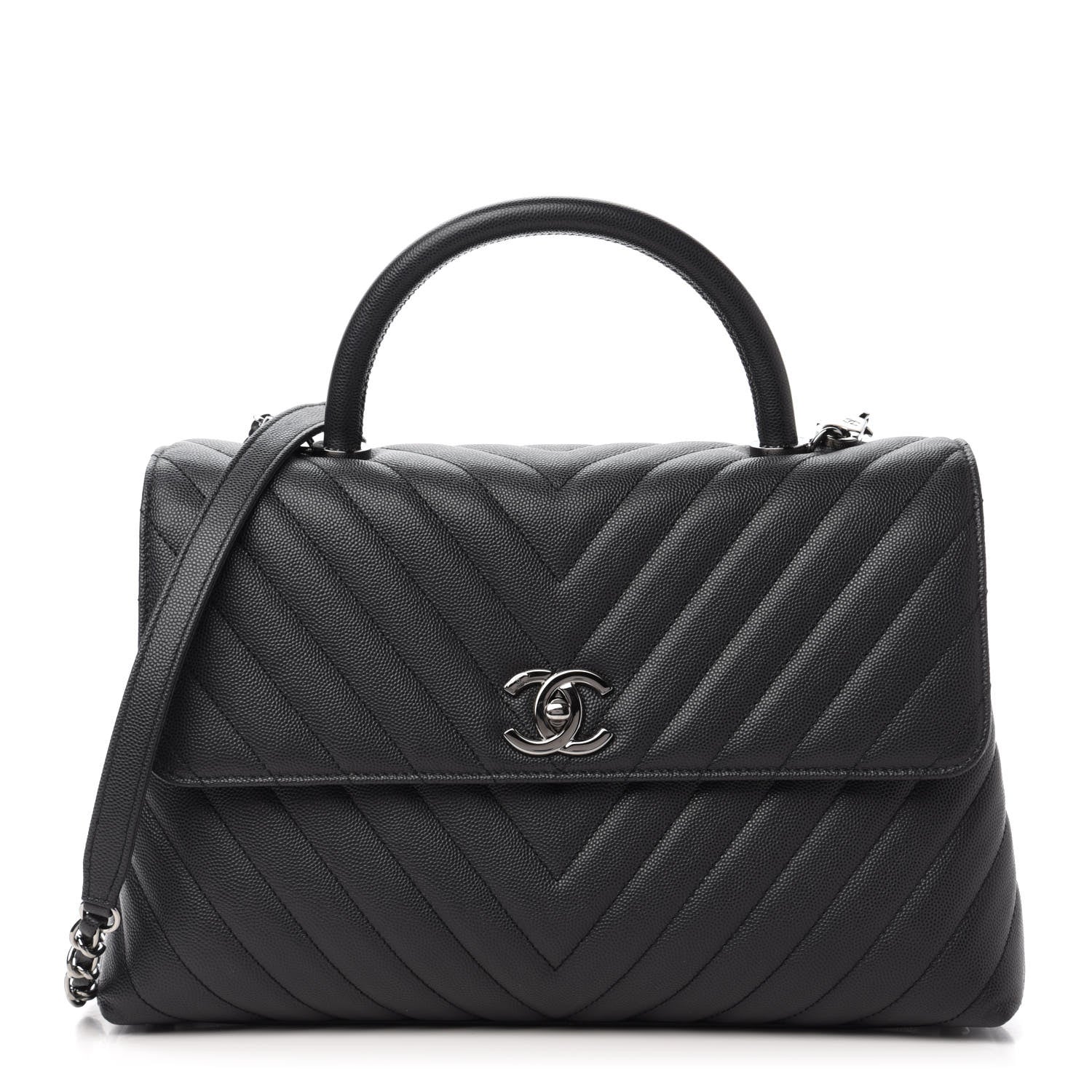 Chanel Caviar Chevron Quilted Medium Coco Handle Flap Dark Grey 1 of 12