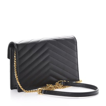 Saint Laurent Grain De Poudre Matelasse Chevron Monogram Envelope Chain Wallet Black 2 of 10