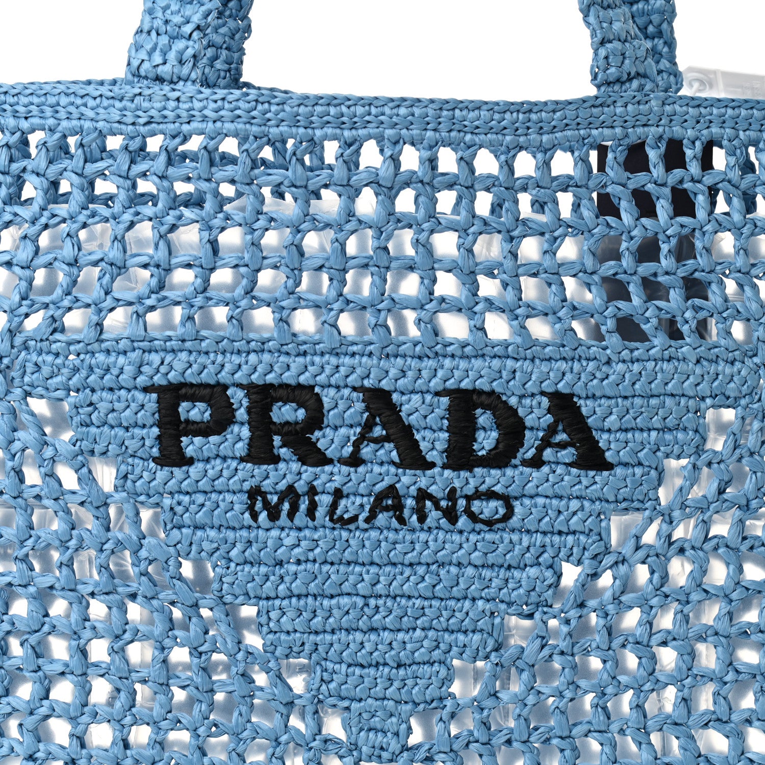 Prada Yarn Raffia Effect Crochet Logo Embroidered Tote Bag Celeste 7 of 9