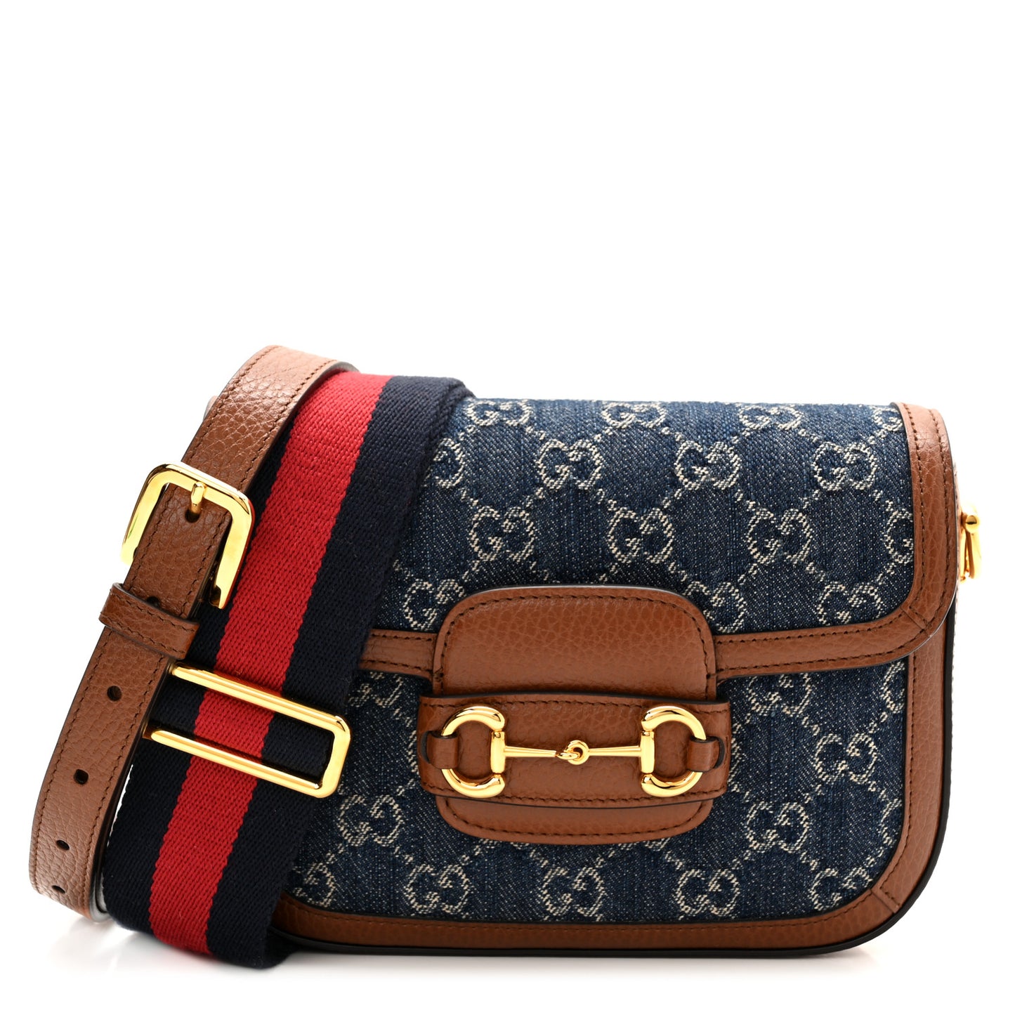 New Denim GG Monogram Dollar Calfskin Web Mini Horsebit 1955 Shoulder Bag Blue Tea Cuir Epilog