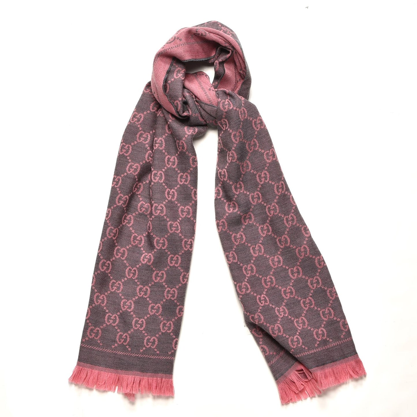 Wool Jacquard GG Monogram Sten Fringe Scarf Graphite Pink