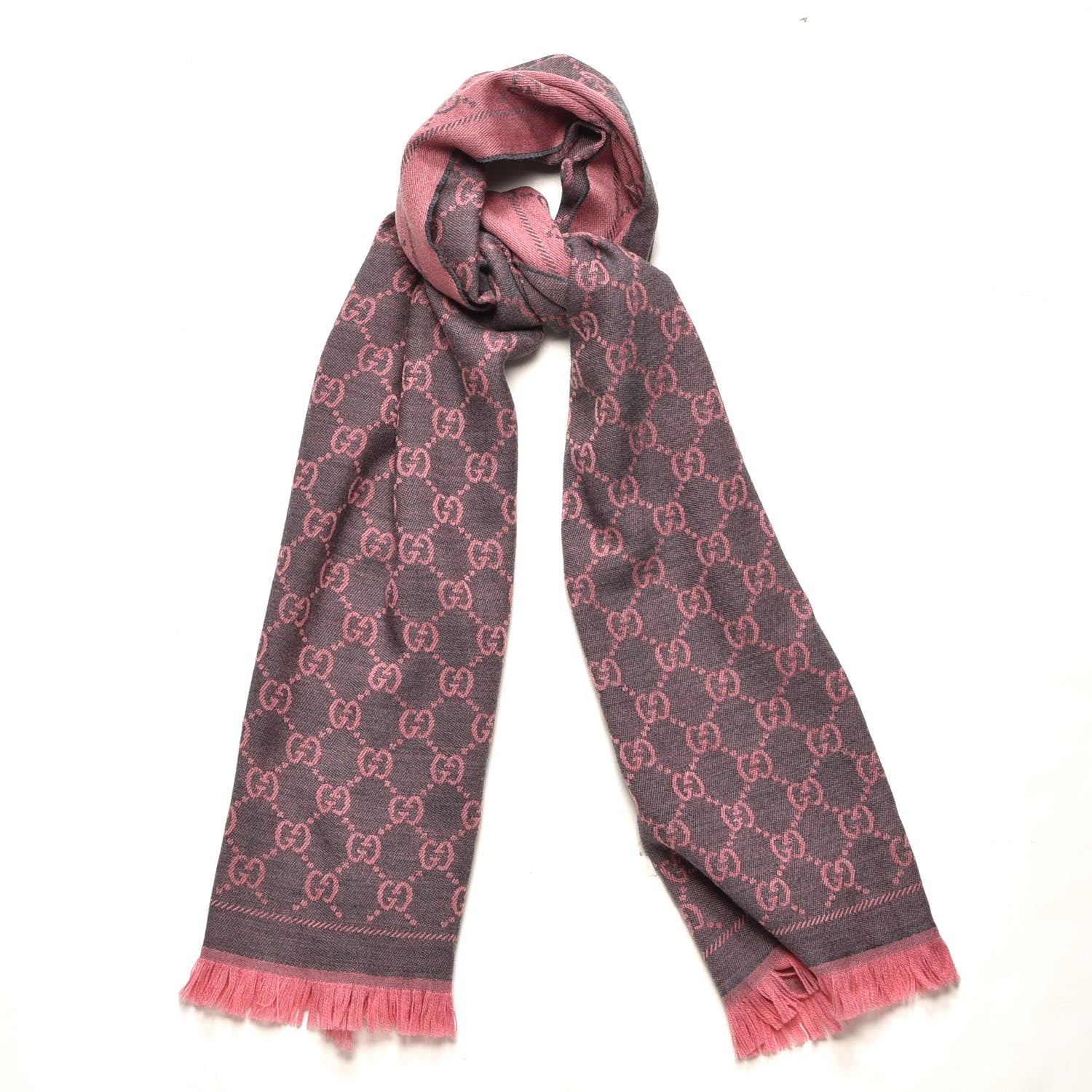 Gucci Wool Jacquard GG Monogram Sten Fringe Scarf Graphite Pink 1 of 4