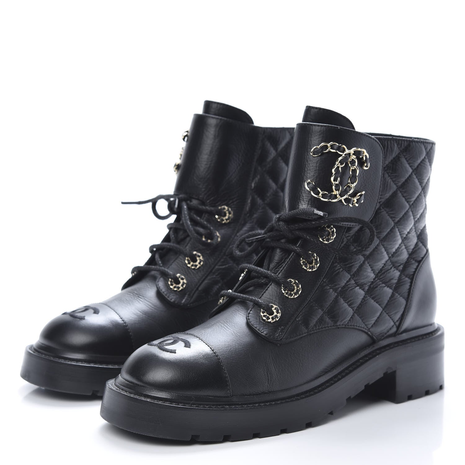 Chanel Shiny Goatskin Calfskin Quilted Lace Up Combat Boots 38.5 Black 3 of 9