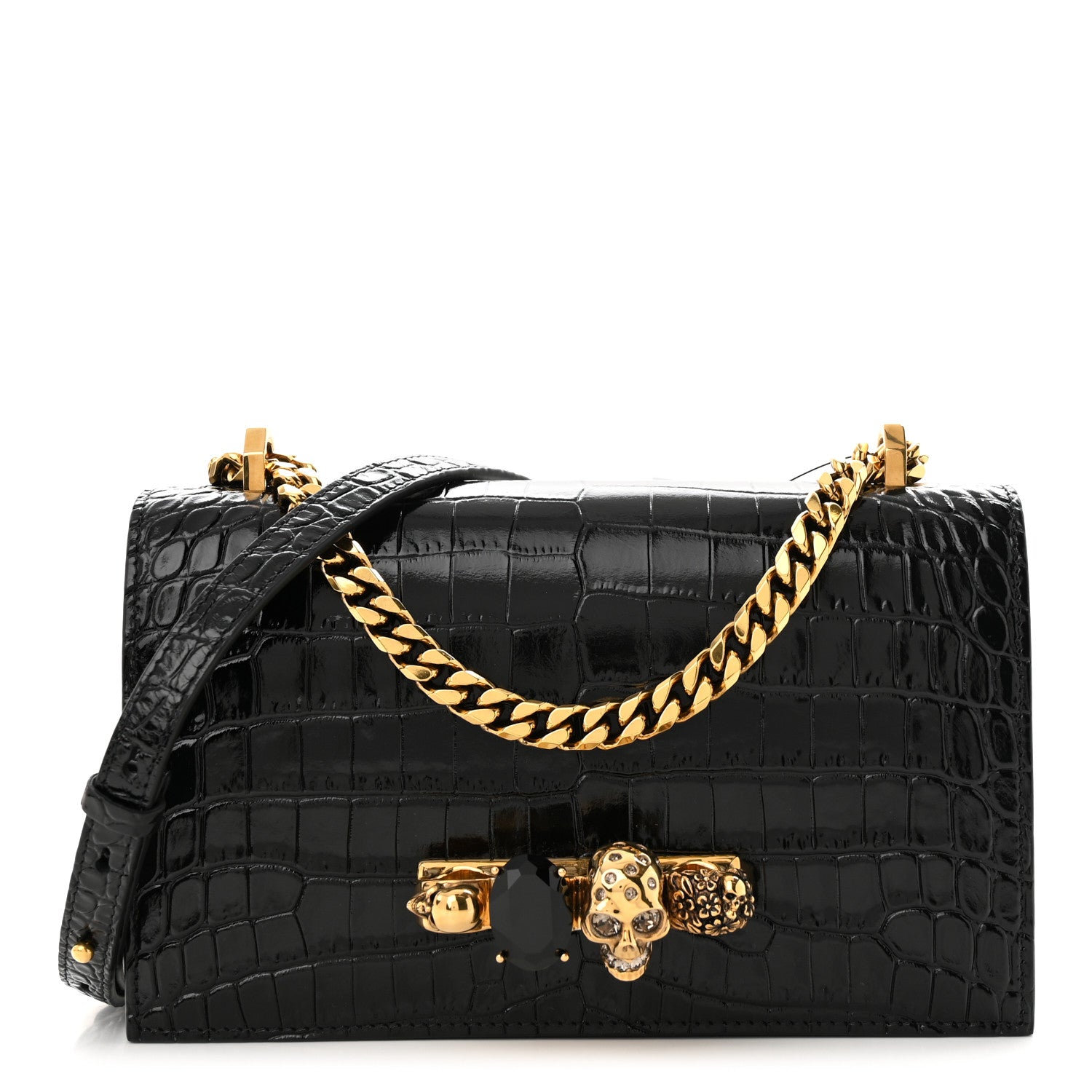 Alexander McQueen Calfskin Crocodile Embossed Mini Jeweled Satchel Black 1 of 10