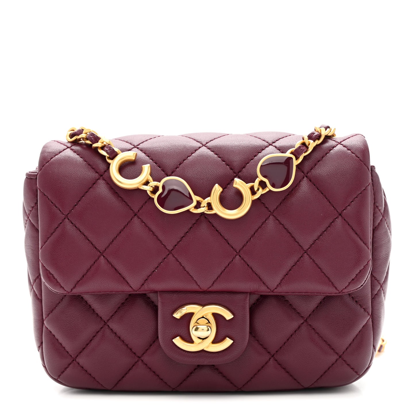 Lambskin Enamel Quilted Mini Coco Hearts Square Flap Burgundy