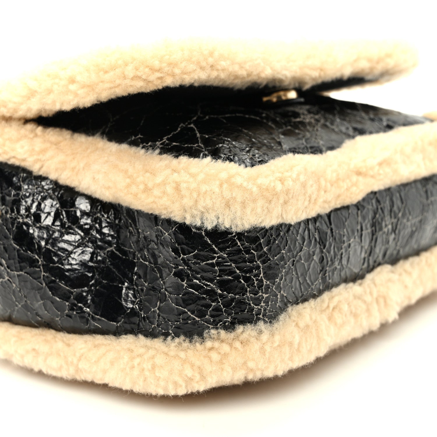 Chanel Shiny Crumpled Sheepskin Shearling CC Mania Flap Bag Black Beige 9 of 10