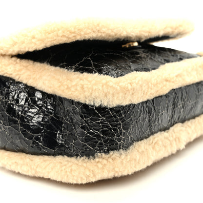 Chanel Shiny Crumpled Sheepskin Shearling CC Mania Flap Bag Black Beige 9 of 10